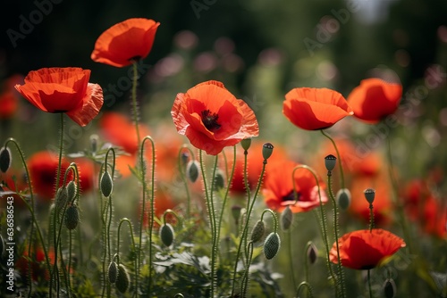 a vibrant field of red flowers with lush green stems 