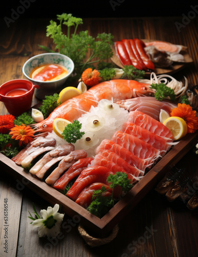 Seafood, Sashimi sashimi platter on wooden table. Sashimi sashimi platter