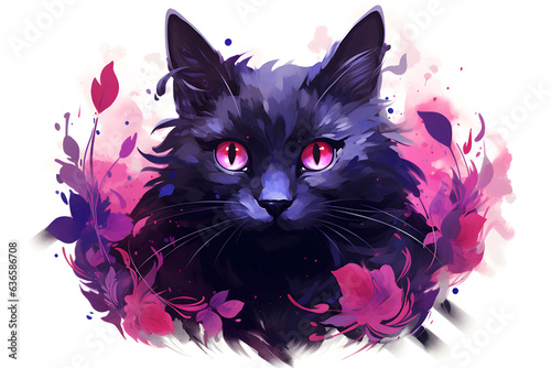 Black cat flat illustration in style of dark violet and pink colors © Oksana