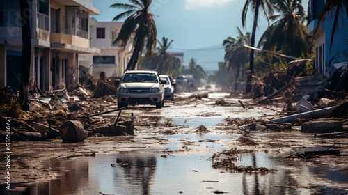 Flooded streets on tropical island after hurricane. Extreme weather caused by climate change.