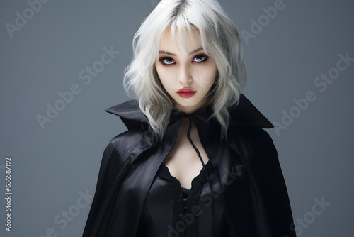 A spooky vampire girl with sharp fangs and a black cape