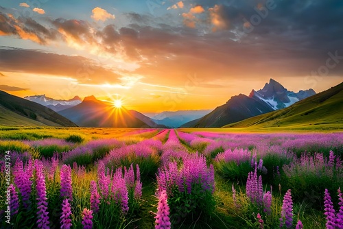 Wild flowers in the grass on a background of mountains