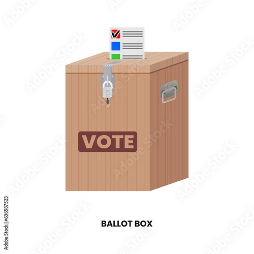 Wooden Ballot Box with ballot paper in colored icon style. Vector illustration of election and voting design element in trendy style. Editable graphic resources for many purposes.