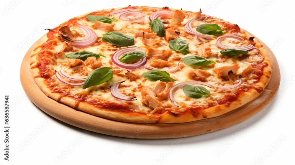 Pizza sur fond blanc, sauce tomate, basilic, jambon fromage, champignon, illustration produit culinaire, ia générative Pizza sur fond blanc, sauce tomate, basilic, jambon fromage, champignon, illustration produit culinaire, ia générative