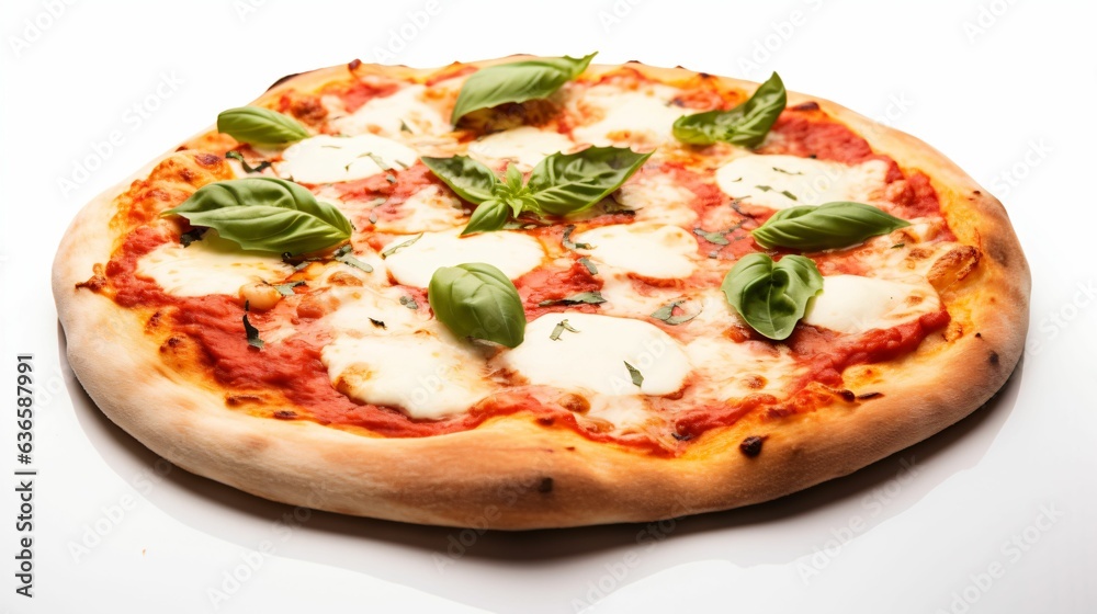 Pizza sur fond blanc, sauce tomate, basilic, jambon fromage, champignon, illustration produit culinaire, ia générative Pizza sur fond blanc, sauce tomate, basilic, jambon fromage, champignon, illustration produit culinaire, ia générative