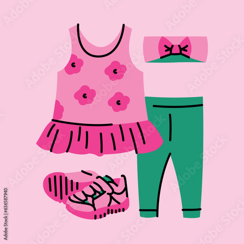 Baby girl tunic and legging and headband and sneakers color concept.