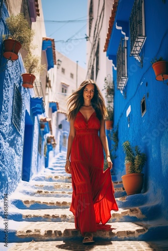 young woman in a red dress visiting a blue city