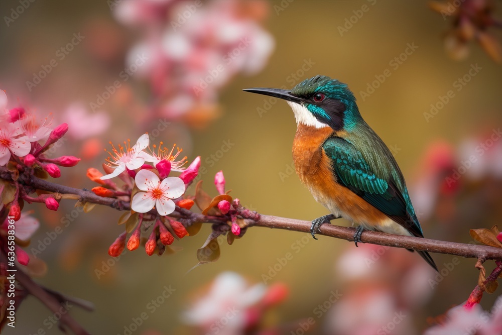 Obraz premium a vibrant bird sitting on a blossoming tree branch