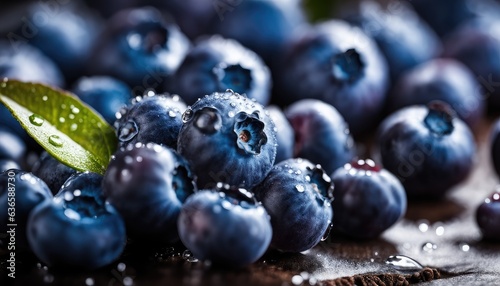 Fresh ripe blueberries with water drops background. Juicy Fruits Berries backdrop