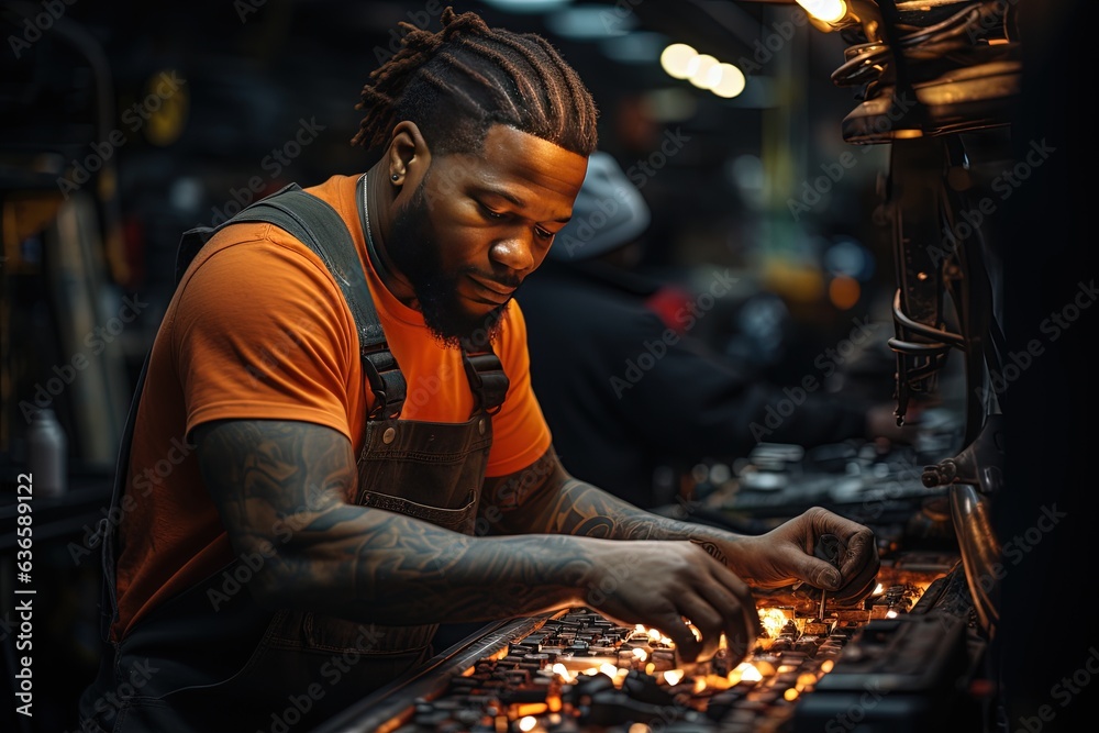 A very focused Car mechanic of African-American origin 