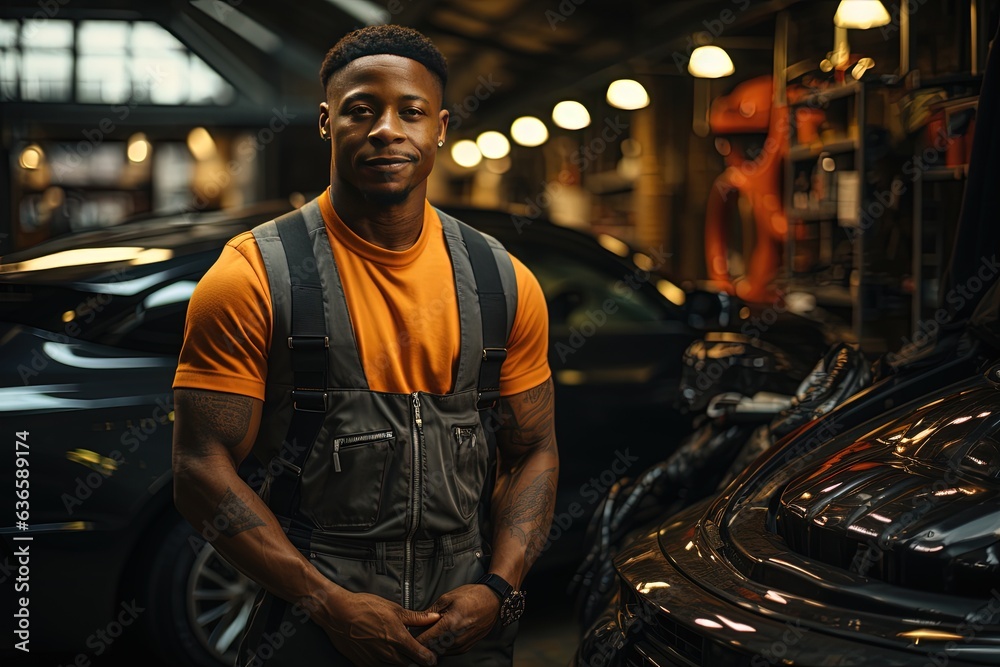 A car mechanic apprentice of african american origin learns new techniques from his seniors colleagues A car mechanic apprentice of african american origin learns new techniques from his seniors colleagues