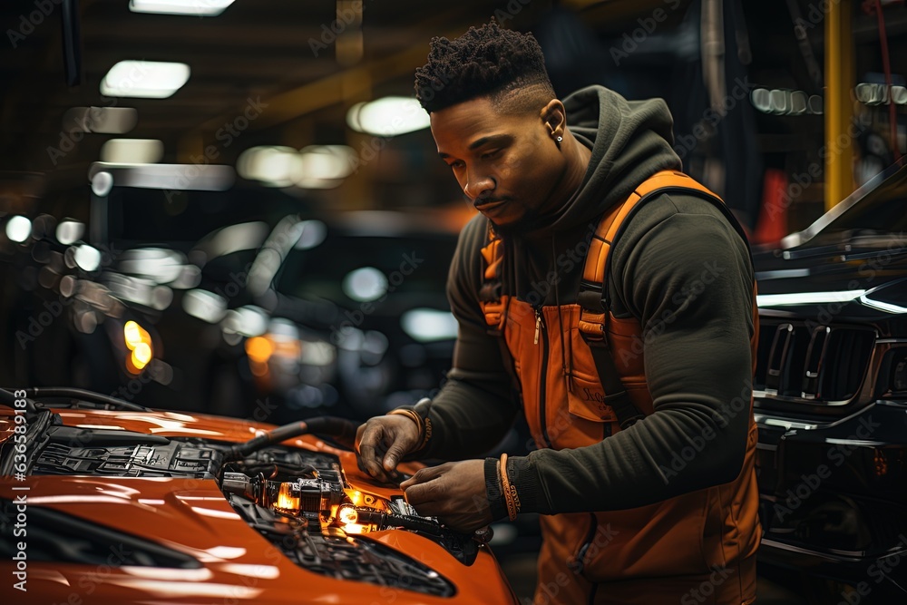 A car mechanic apprentice of african american origin learns new techniques from his seniors colleagues