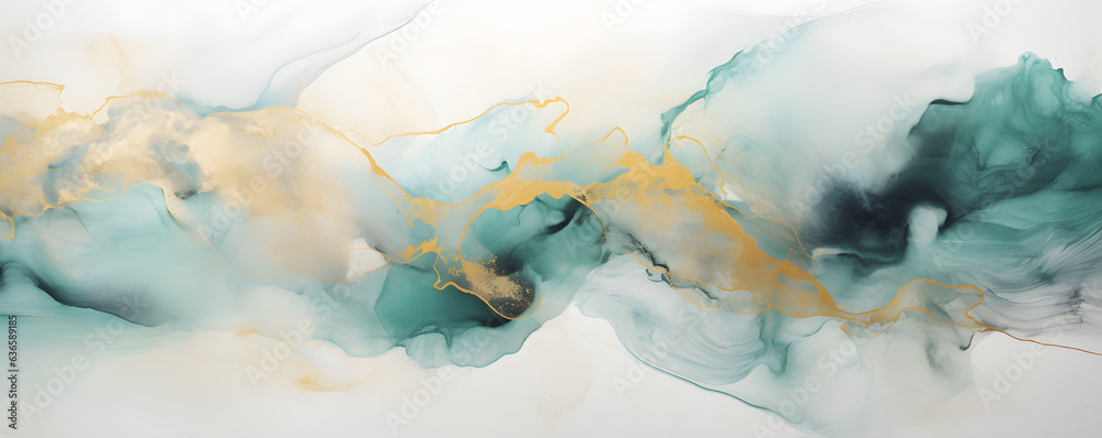 Abstract painting on white wall, in the style of light aquamarine and gold decorative fluid background