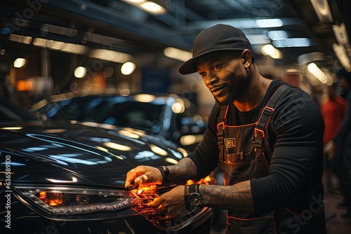 Car mechanic of African-American origin carefully diagnosing a car problem