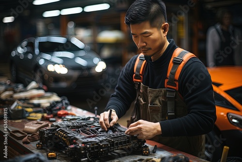 Japanese car mechanic enjoying his job as he fixes cars