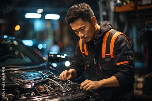 Japanese car mechanic enjoying his job as he fixes cars