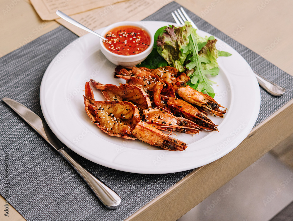 grilled shrimps with salad and wine grilled shrimps with salad and wine