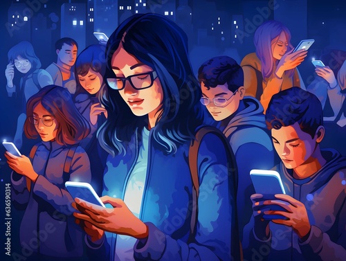Group of Young people looking at tablets and smartphones illustration