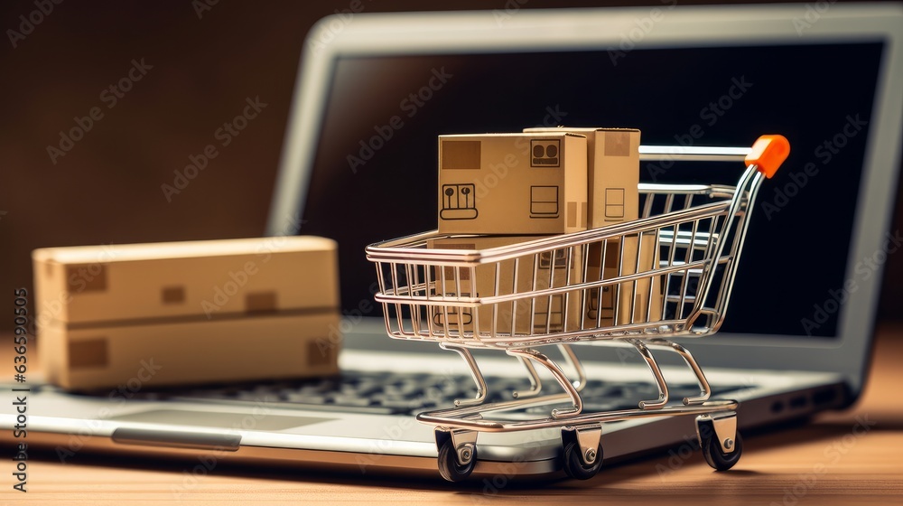 Shopping online concept - Parcel or Paper cartons with a shopping cart logo in a trolley on a laptop keyboard. Shopping service on The online web. offers home delivery.
generative ai