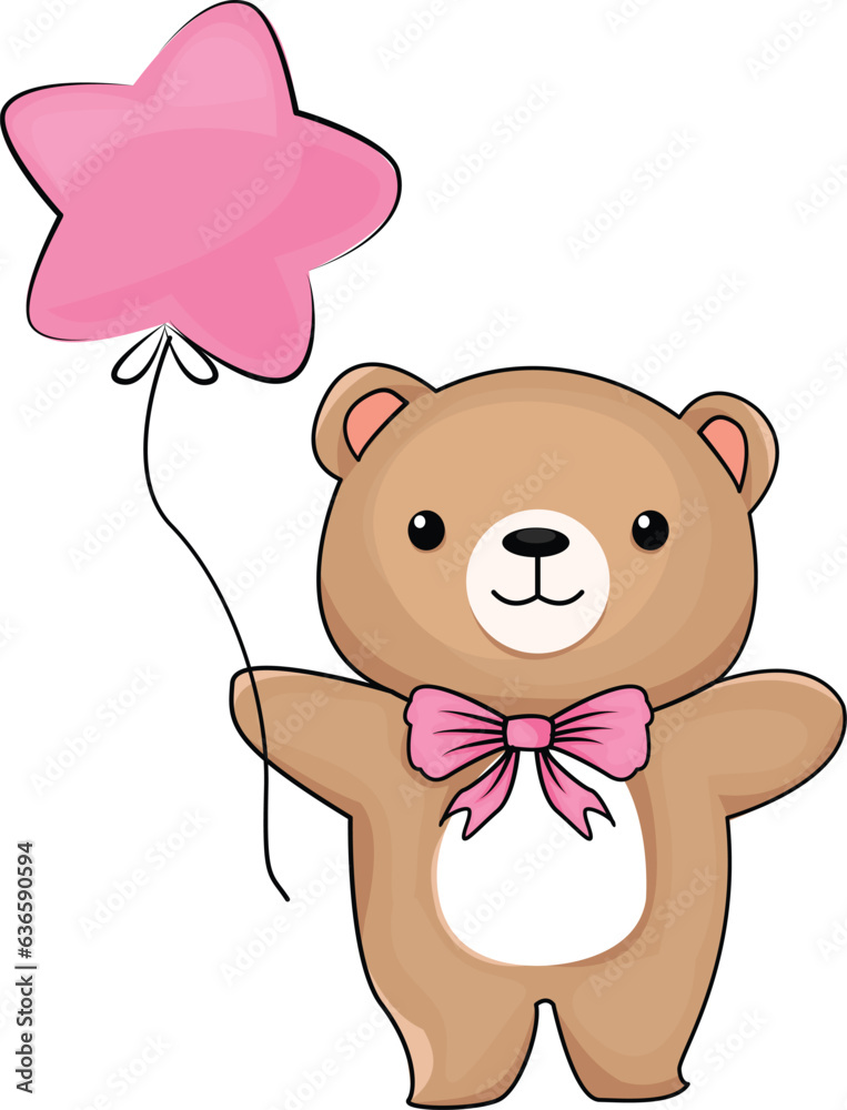 Fototapeta premium illustration of a cute teddy bear with a star shaped balloon