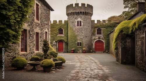 Strangford, Northern Ireland. The tower house and courtyard at Castle Ward, a famous filming location for fantasy TV shows generative ai photo