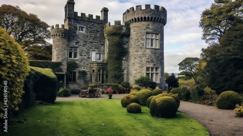 Strangford, Northern Ireland. The tower house and courtyard at Castle Ward, a famous filming location for fantasy TV shows generative ai photo