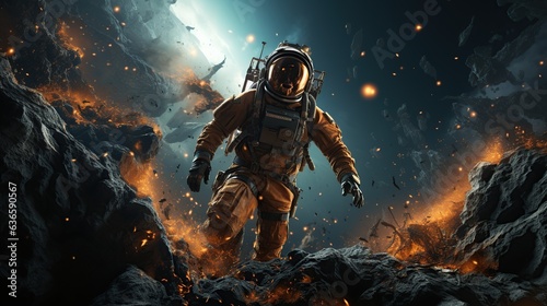 3D illustration of astronaut falling to earth planet.