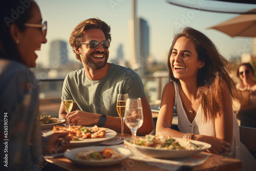 Smiling friends dining on rooftop restaurant in Dubai while on vacation. Generative AI