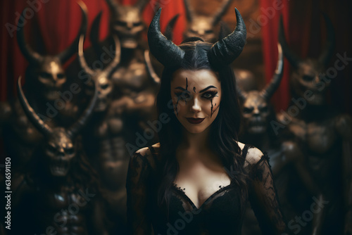 woman with devils horns and demonic eyes  photo