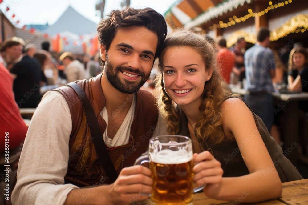 Happy couple at Octoberfest. Young man and woman tourists drinking beer at festival in Germany in October.