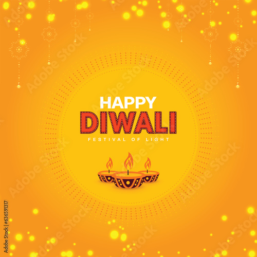 Happy Diwali yellow background with oil lamp and light decoration social media wishing or greeting post or banner design vector file