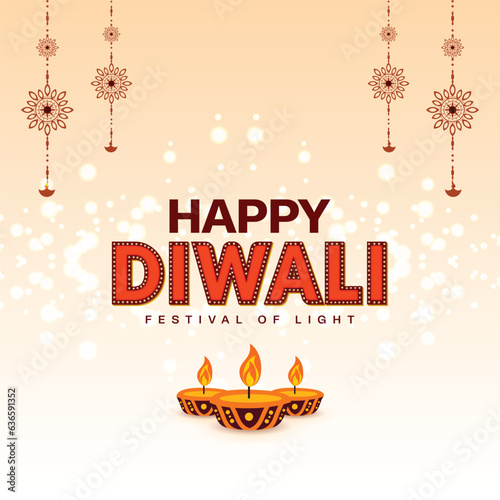 Happy Diwali cream colour background with oil lamp and light decoration wishing or greeting post or banner design vector file
