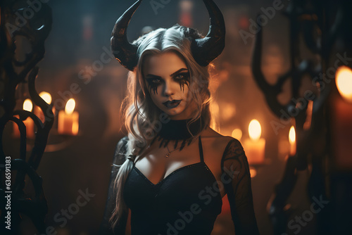 woman with devils horns and demonic eyes  photo