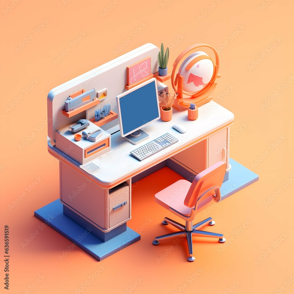 3d Isometric Layout Of A School Desk Chair And Desk With Computer 3d-isometric-layout-of-a-school-desk-chair-and-desk-with-computer