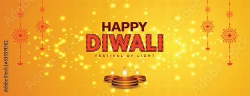 Happy Diwali yellow and orange background with oil lamp and light decoration wishing or greeting poster or banner design vector file