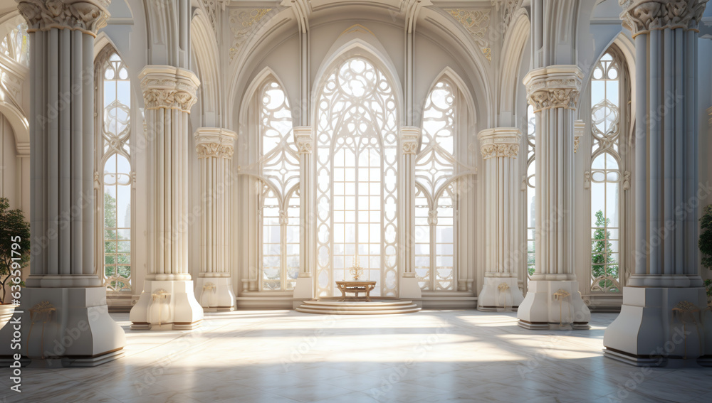 Sunlit White Palace Marble Luxury Interior Chamber with a View