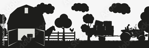 Agricultural silhouettes. Rural landscape. Panorama of the village for the poster. Vector illustration.