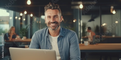 Businessman smiling using laptop computer sitting at worktable at modern office. Happy man, entrepreneur, small business owner working online, generative ai