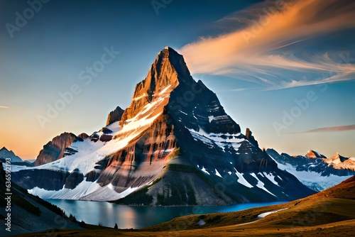 Mount Assiniboine, also known as Assiniboine Mountain, is a pyramidal peak mountain located on the Great Divide, on the British Columbia photo