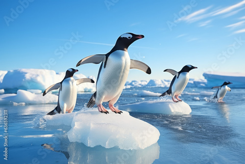 Adelie penguins jumping out of of the water in front of the ice edge
