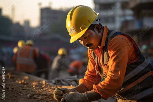 Indian engineer or employee working on construction site.