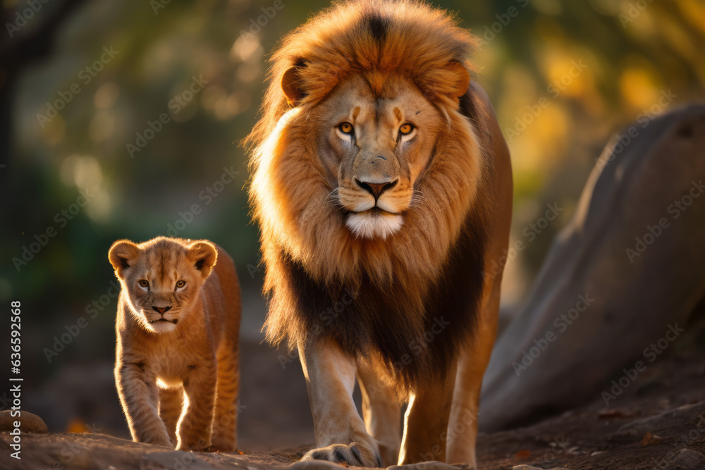 Obraz premium Papa lion, mama lion, and little baby lion