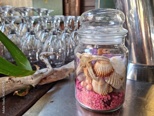 glass jar with shells