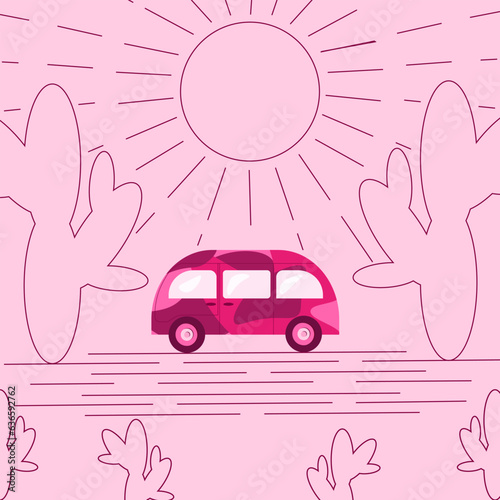 Summer Vacation travel vector art with retro Hippie Bus between Сacti on sunset background. Pink banner or poster with Vintage Car. Design for t-shirt print. Retro Vibes 70s. Vector illustration.