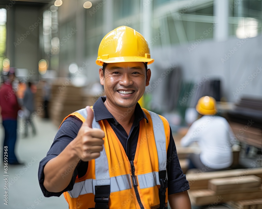 Asian Engineer or Architect or Construction worker with yellow safety helmet in construction site with customizable space for text. Asian Engineer or Architect or Construction worker with yellow safety helmet in construction site with customizable space for text.