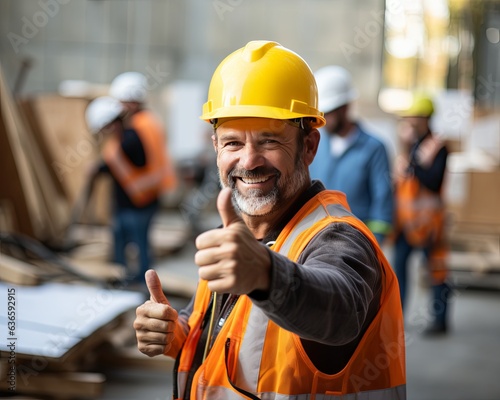 A happy Engineer or Architect or Construction worker with yellow safety helmet in construction site giving a thumbs up.