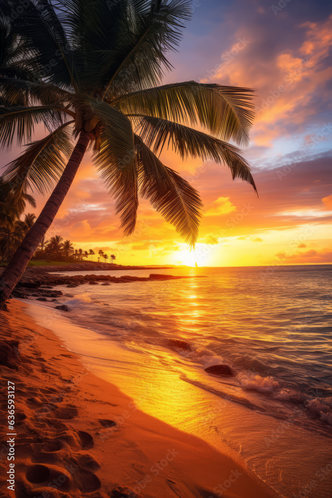 Beautiful sunset over the sea with a view at palms on the white beach on a Caribbean island
