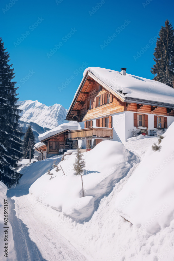 Winter ski chalet and cabin in snow mountain landscape in tyrol austria