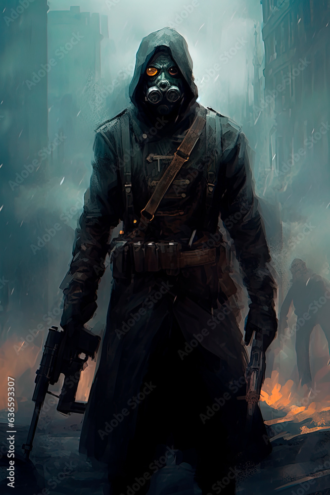 A soldier in a gas mask holding a gun. Generative AI A soldier in a gas mask holding a gun. Generative AI