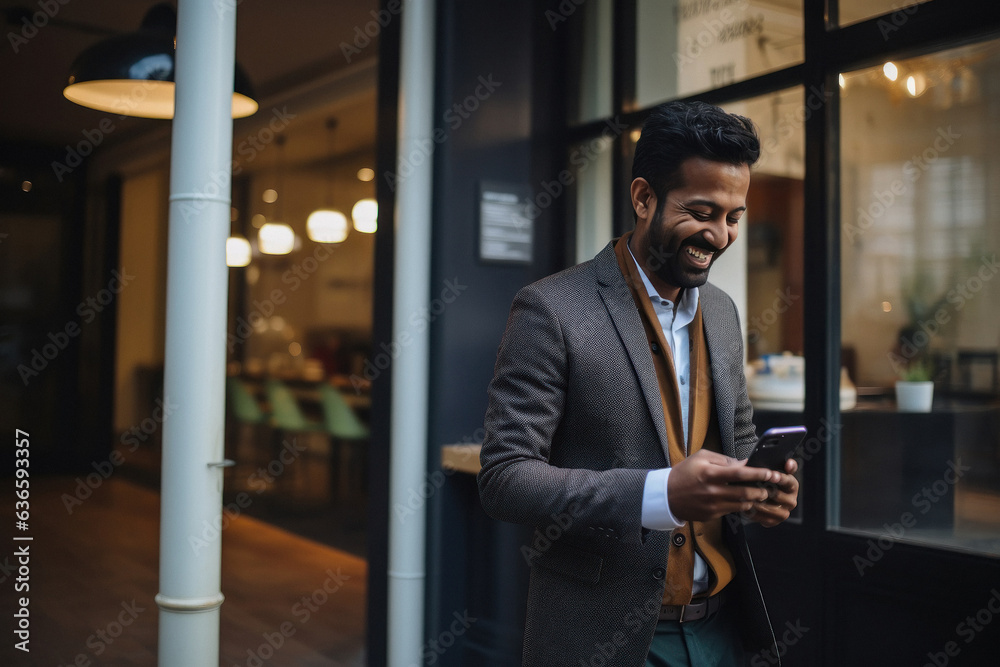 Naklejka premium Indian businessman using smartphone at restaurant